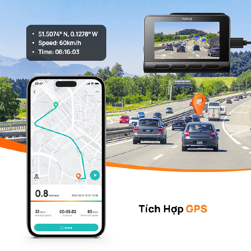 Định vị GPS tích hợp trên camera 70mai A810 tự động theo dõi và ghi lại lộ trình lái xe