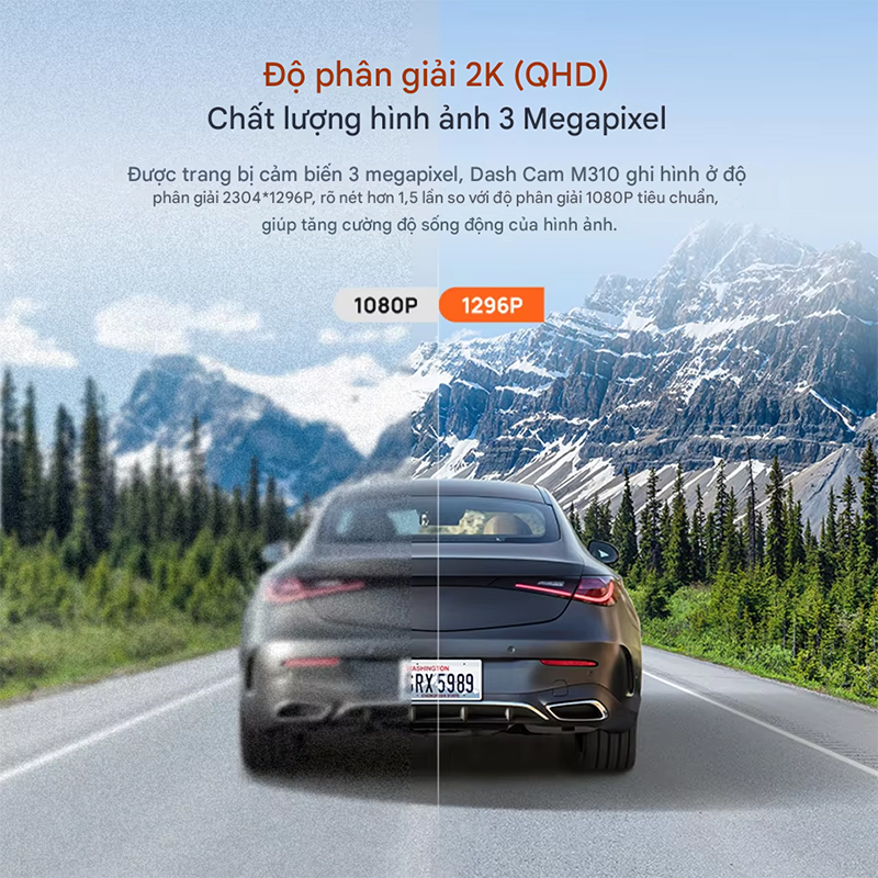 Camera auto 70mai dash cam M310 ghi hình ở độ phân giải 2K QHD (2304x1296p)