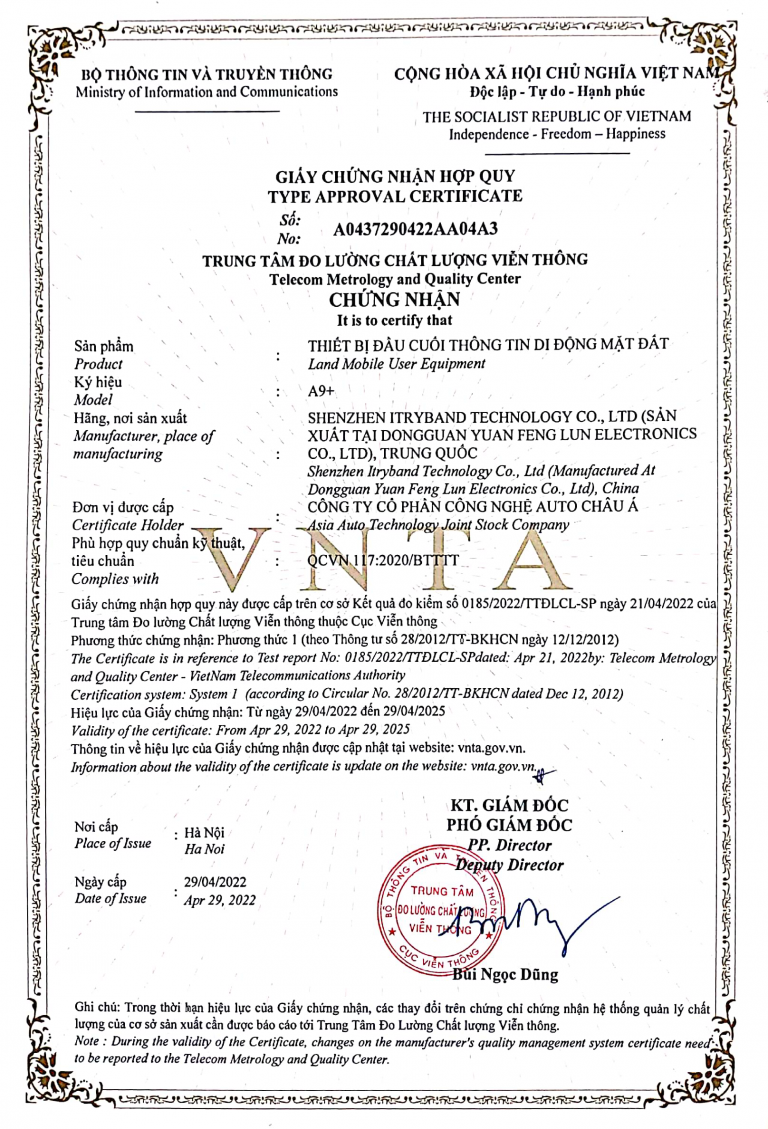 Thiết bị định vị A9+ chứng nhận chất lượng viễn thông