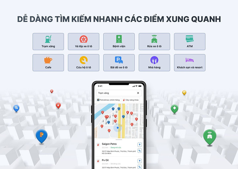 Thiết bị dẫn đường Vietmap Pro hỗ trợ mở rộng tìm kiếm các tiện ích trên đường
