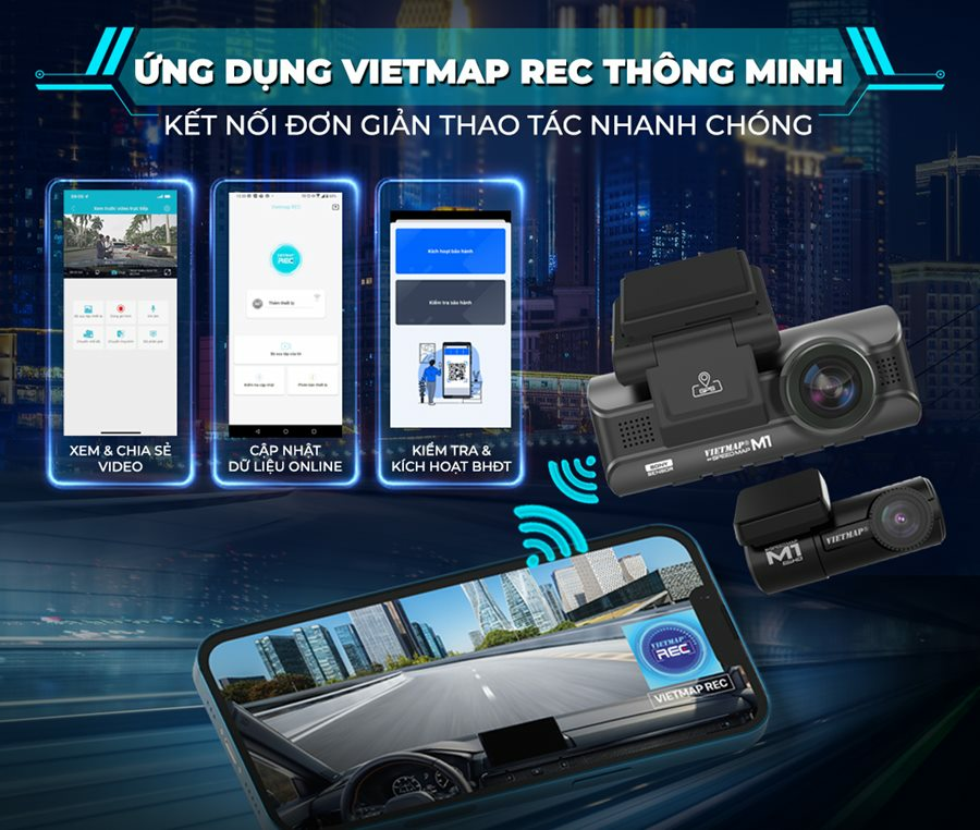 Các dòng camera hành trình Vietmap kết nối điện thoại qua ứng dụng Vietmap REC